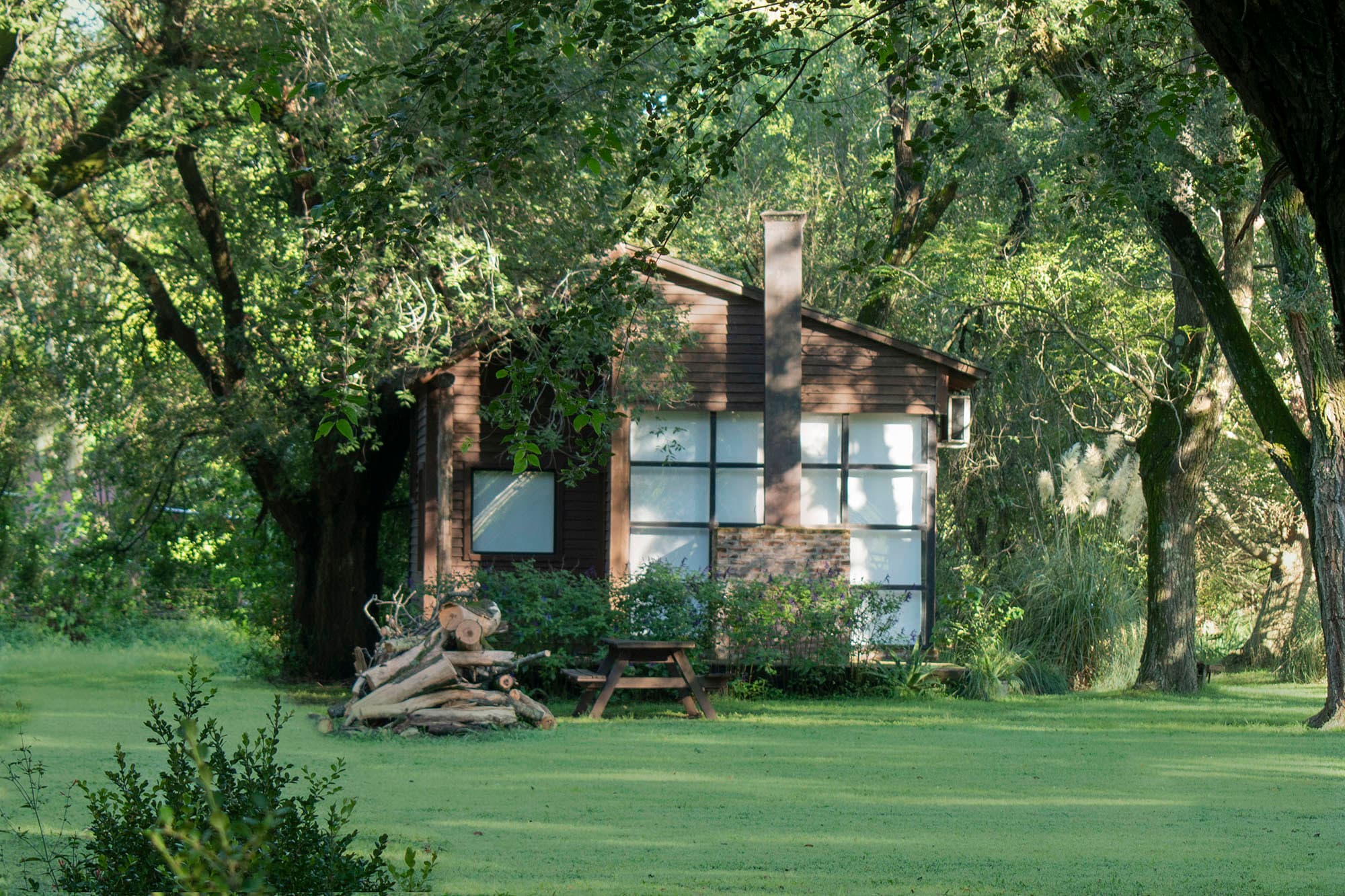 Cabaña de madera entre árboles añosos, con chimenea y ventanales, vista desde el parque con una pila de leña y una mesa de picnic sobre el césped.